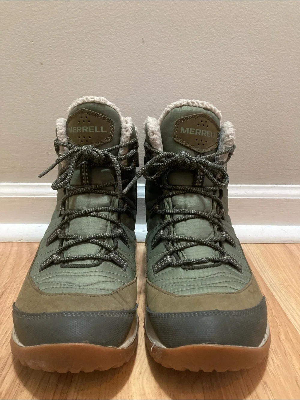 Merrell Olive Green Quilted Winter Boots with Faux Fur